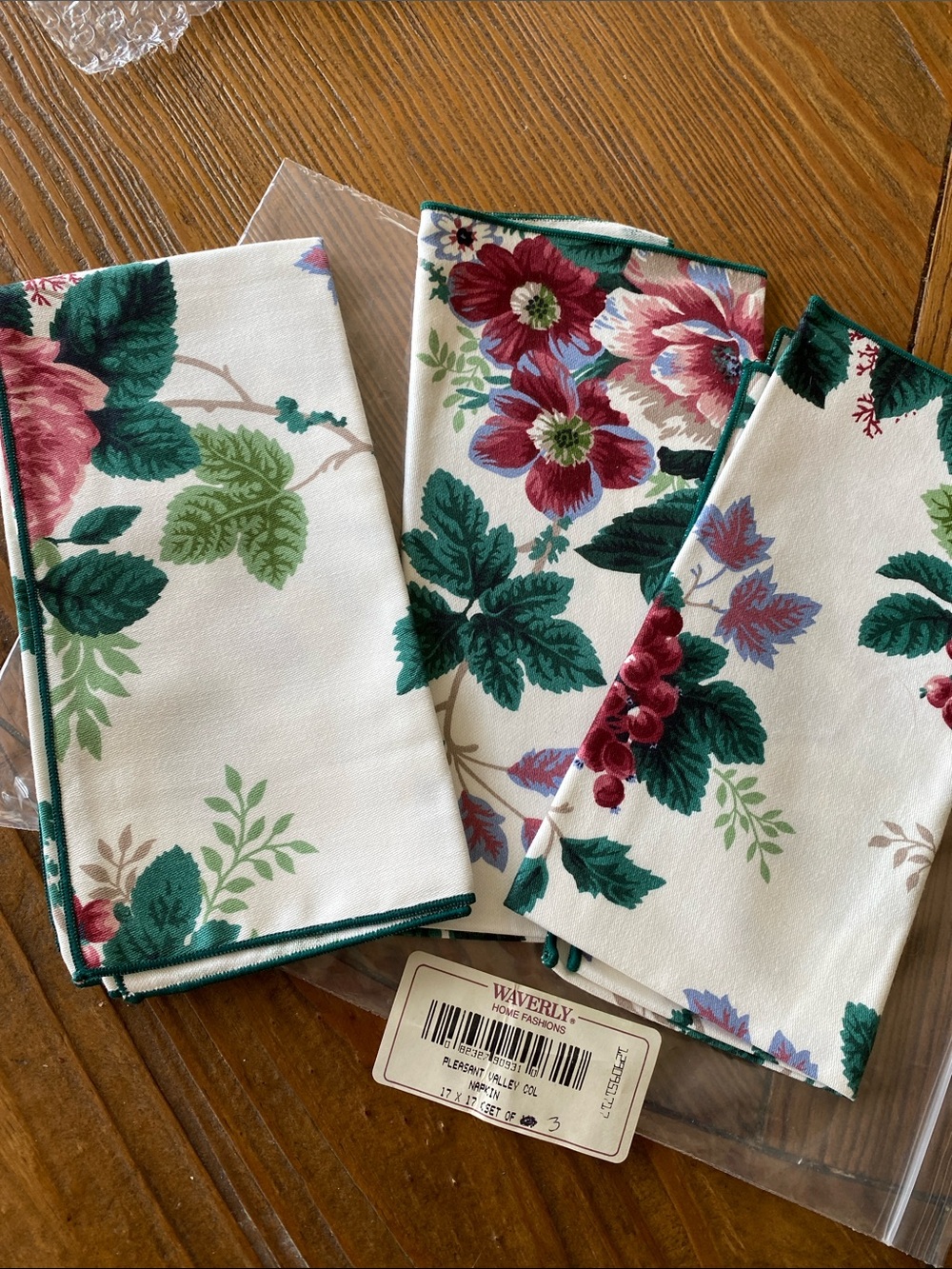 Waverly Cream Floral Cotton Napkins with Green Leaves and Berry Flowers